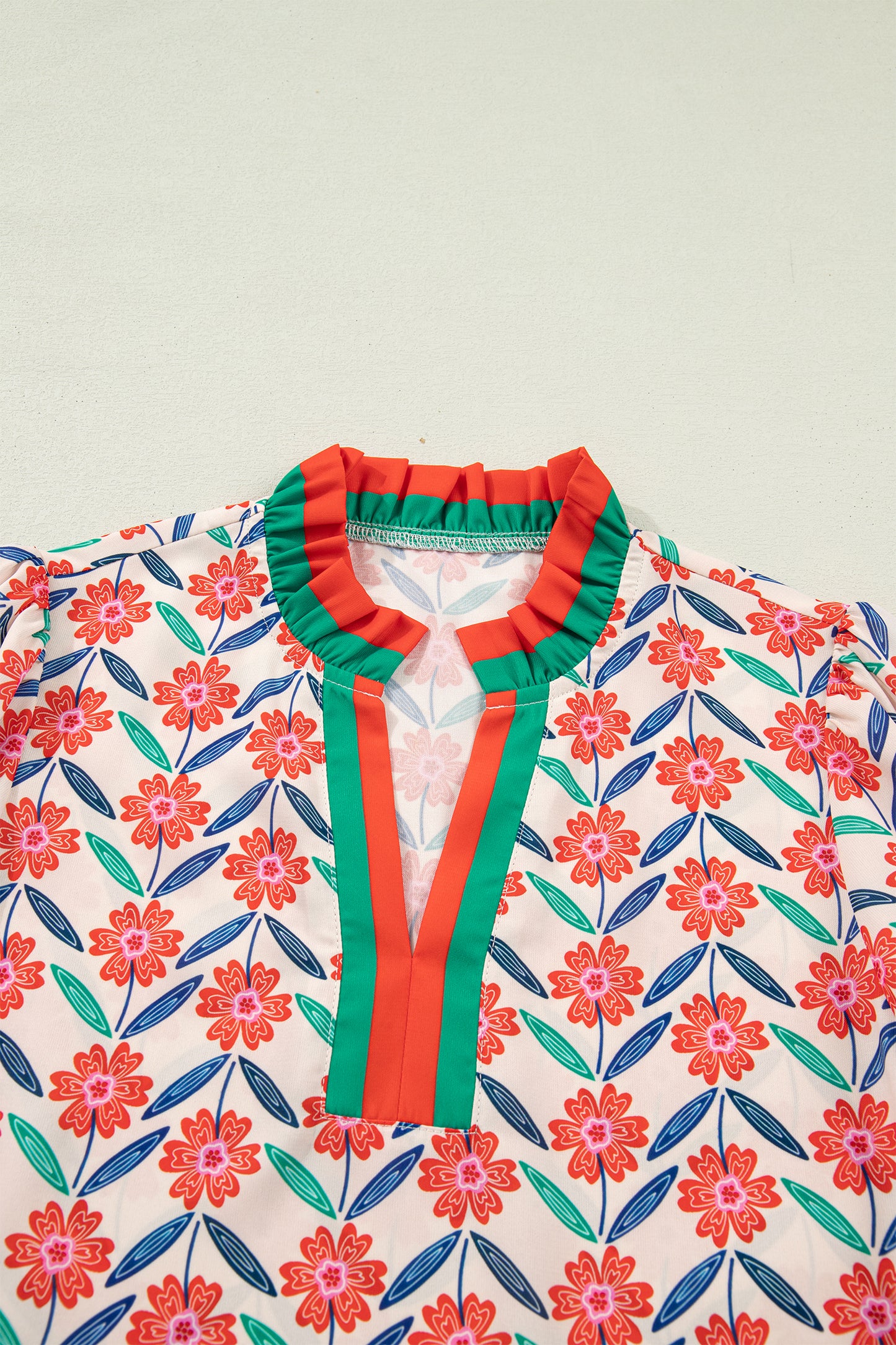 Red Floral Print Striped Detail V Neck Ruffled Short Sleeve Blouse